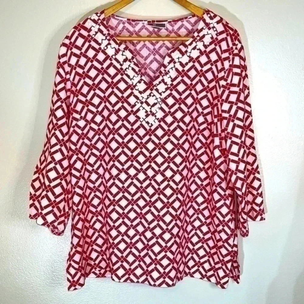 JM Collection Pink White Linen Top Blouse Embellished Neckline Size S